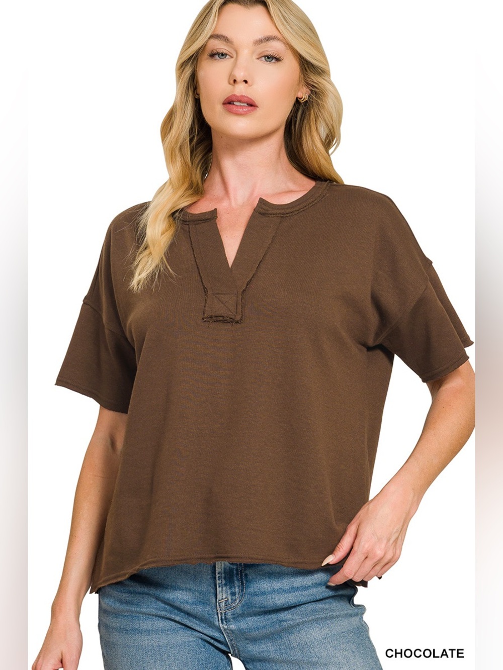 Zenana Chocolate French Terry Split Neck Exposed Seam Top